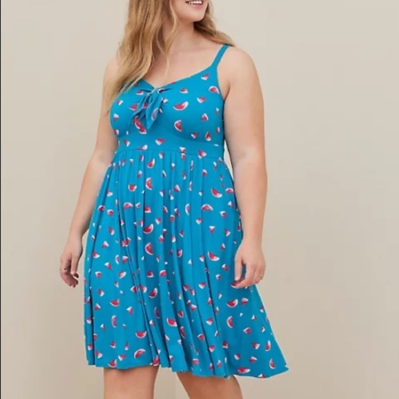 torrid Dresses & Skirts - TORRID NWT TIE FRONT SKATER MINI DRESS - SUPER SOFT WATERMELONS BLUE